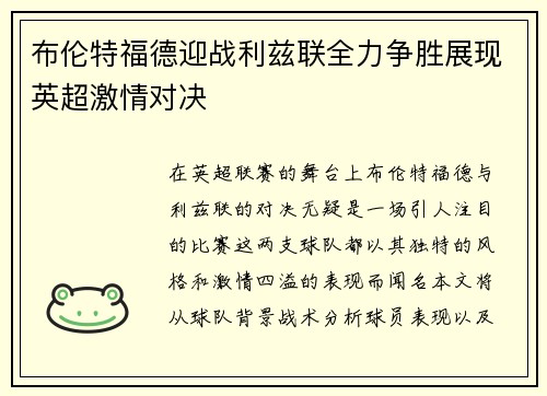 布伦特福德迎战利兹联全力争胜展现英超激情对决