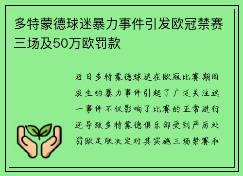 多特蒙德球迷暴力事件引发欧冠禁赛三场及50万欧罚款