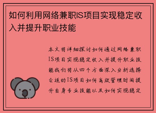 如何利用网络兼职IS项目实现稳定收入并提升职业技能