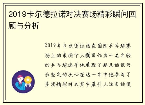 2019卡尔德拉诺对决赛场精彩瞬间回顾与分析