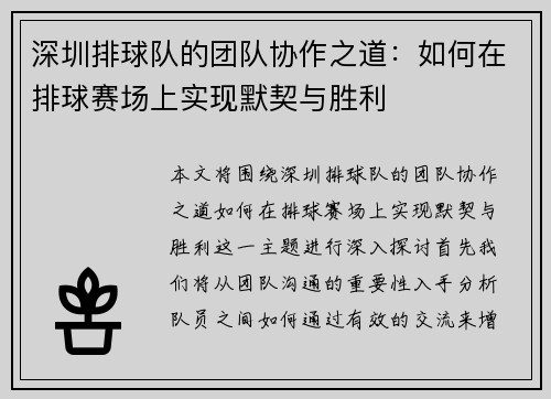 深圳排球队的团队协作之道：如何在排球赛场上实现默契与胜利