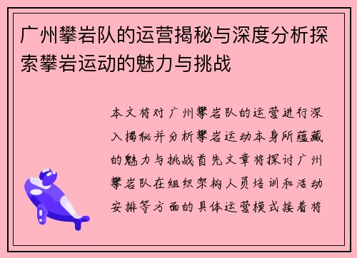 广州攀岩队的运营揭秘与深度分析探索攀岩运动的魅力与挑战