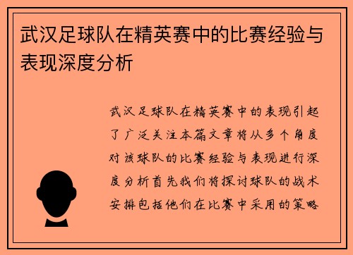 武汉足球队在精英赛中的比赛经验与表现深度分析