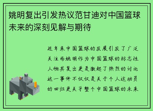 姚明复出引发热议范甘迪对中国篮球未来的深刻见解与期待