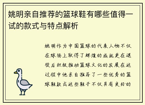 姚明亲自推荐的篮球鞋有哪些值得一试的款式与特点解析