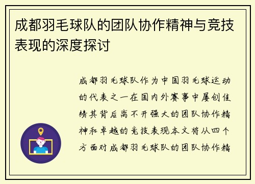 成都羽毛球队的团队协作精神与竞技表现的深度探讨
