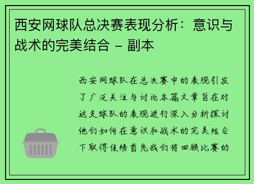 西安网球队总决赛表现分析：意识与战术的完美结合 - 副本